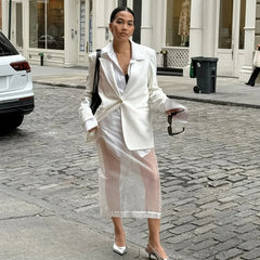 Lunivop White Mesh Midi Skirt Women Sexy See Through Straight Skirts Autumn Winter Casual Loose High Waist Skirt 2024 Holiday Outfits