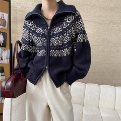 Lunivop Women Fair Isle Sweater Zipper Front Collared Zip-up Sweater Knit Jacket Cozy Knitwear Teen-girl Fall Winter Vintage Outfit