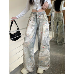 Lunivop Y2K Wide Leg Grunge Street Washed Denim Trouser American Vintage 90s High Waist Straight Jeans Women's Casual 2000s Baggy Pants