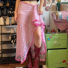Lunivop Y2K Sweet Pink Lace Irregular Split Skirt Streetwear Contrast Aesthetic Stylish Flowy Long Skirts Cute Outfits Summer