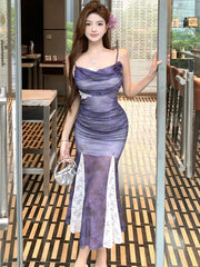 Lunivop Purple Mesh Patchwork White Lace Ruffled Long Dress Women Elegant Luxury Dance Party Dress Summer Fashion Bodycon Vestidos