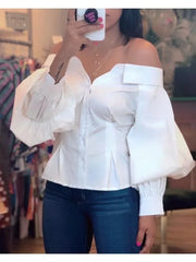 Lunivop Elegant White Shirts for Women Lantern Sleeve Off Shoulder Top Lady Blosues Long Sleeve Ruched Design Feamel Clothes Spring