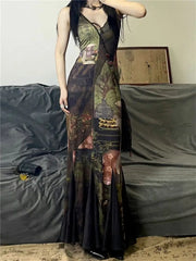 Lunivop New Chinese Style Camisole Dress for Women Summer V-neck Print Dresses 2025 New Slim Waist Bodycon Vestidos De Mujer