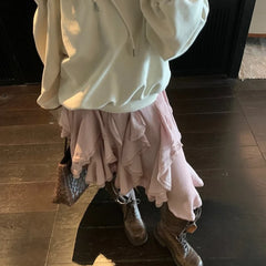 Lunivop Women Pink Ruffled Skirts Elegant Korean Style High Waist Elastic Waist Asymmetric Lace Layered Short Skirts Mesh Skirt