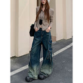 Lunivop Women Blue Jeans Cargo Pants Streetwear High Waist American Wide Leg Pants Fashion Y2K 90s Style Female Winter Straight Trousers