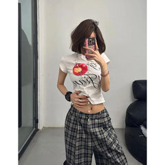 Lunivop Women Dark Academia Harajuku Fashion Gothic 2000s Aesthetic Plaid Pants Elastic Waist Pantalones Long Trousers Trashy Y2k Baggy