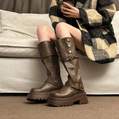 Lunivop Winter New Women's Boots Mid-heel High Quality Fashion Round Toe Solid Color Knight Boots Designer Buckle Women High Boots