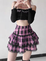 Lunivop Mall Goth Gothic Lace Ruffle Mini Skirts Womens Harajuku Fairy Grunge Pink Plaid Pleated Skirt Japanese Lolita Streetwear