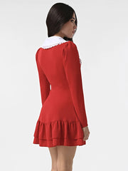 Lunivop Peter Pan Collar Ruffles Women Dress Red Patchwork Long Sleeve Mini Dress Female Winter Slim Casual Streetwear Vestidos