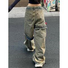 Lunivop Autumn Punk Sexy Vintage Ripped Harajuku Loose Jeans Y2K Hollow Out Trashy Pants Women's BaggyTassels Denim Trouser