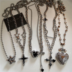 Lunivop Stainless Steel Star Cross Heart Pendant Necklace Layered Choker Charm Necklace Grunge Y2K Neck Jewelry For Men Women Accessory
