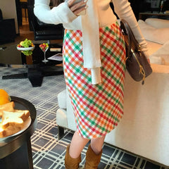 Lunivop 2 colors Autumn High Waist Tweed Colored Plaid Skirt Women Side Zipper A lined Knee Length Long Skater Party Femme