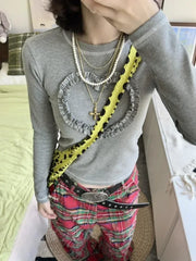 Lunivop Heart Folds Slim Fit O Neck Camisetas Korean Fashion Women Crop Tops Tees Long Sleeve Tshirts Y2k High Waist Hotsweet