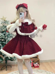 Lunivop Winter Christmas Warm Bow 3-piece Set Women Design Sweet High Neck Knitwear + Red Loose Shawl Sling Solid Lint Dress Suit New