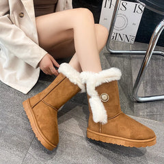 Lunivop Winter Mid-calf Boots Thick Plush Thick Sole Non-slip Fashion Solid Color Button New Women Boots Classic Retro Brown Long Boots