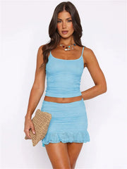 Lunivop Summer Lace 2 Piece-Set Skirt Women Backless Spaghetti Cropped Top And Printed Slim Mini Skirt Sets Female Casual Outfits