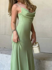 Lunivop Women Chic Green Sleeveless Sling Maxi Dress Sexy Off-shoulder Swing Collar Backless High Waist Slim Fit Dresses Party Wear