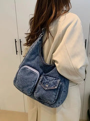 Lunivop Multi Pocket Denim Tote Bag for Female Students Casual Single Shoulder Crossbody Large Capacity Commuting Canvas Bags