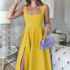Lunivop Spaghetti Strap Dress for Women Summer Side Slit High Waist Slash Neck Mid-Calf Fashion Holiday Long Dresses