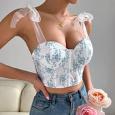 Lunivop Exquisite Flower Embroidery Fashion Summer Tank Tops Y2k Mesh Spliced Lace Up Sling Crop Top Sexy Fishbone Backless Camisole