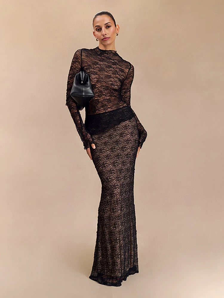 Lunivop Sexy See Through Lace Women Skirt Sets Black Long Sleeve T-shirt Long Skirt Female Autumn Skinny Elegant Two Piece Sets