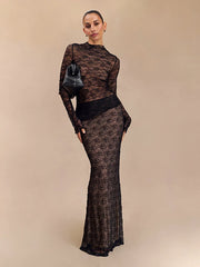 Lunivop Sexy See Through Lace Women Skirt Sets Black Long Sleeve T-shirt Long Skirt Female Autumn Skinny Elegant Two Piece Sets