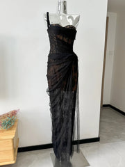 Lunivop Mesh Dress For Vacation,single Straps High Waist Long Vestido,pullover Sheer Fake Two Pieces Party Dresses