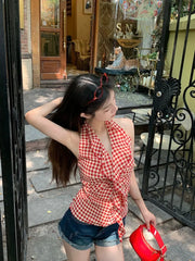Lunivop Camis Women Plaid Sleeveless Halter Ruffles Bandage Backless Slim Vintage Sweet Casual Sexy Tank Tops Female Summer