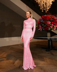 Lunivop Fashion Pink High Neck Sequined Mermaid Evening Dresses Long Sleeves Sparkle Sequins Party Gowns Backless Arabic Women Vestidos