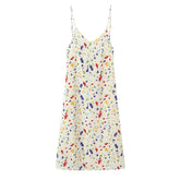 Lunivop Holiday Women Beige with Colored Geometric Dot Print Sling Dress V Collar Tie Bow Back Midi Long Dresses Vestidos Summer Robe