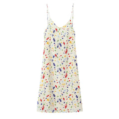 Lunivop Holiday Women Beige with Colored Geometric Dot Print Sling Dress V Collar Tie Bow Back Midi Long Dresses Vestidos Summer Robe
