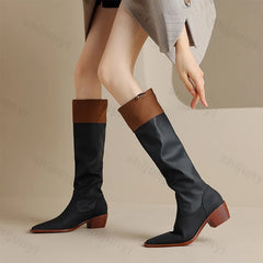 Lunivop New Patchwork Leather Women Pointed Toe Platform Knee High Boots Female Autumn Winter Chunky Knight Boots High Heels Boots