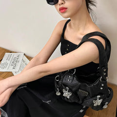 Lunivop Retro Black Messenger Bag Purse Women Subculture Hot Girls Butterfly Leather Y2k Handbag Female Vintage Crossbody Bags