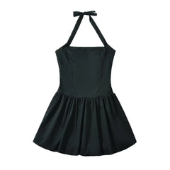 Lunivop Summer Black Bow Halter Slash Collar Backless Mini Dresses Sexy Women Slim Waist Swing Ball Gown Party Robe Vestidos