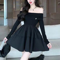 Lunivop Slim Fit A-Line Dr Women's Spring Autumn Sweet Spicy Bla Dr Long Sve High Waist Gentle Sle Basic Model