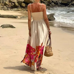 Lunivop Women Backless High Waist Vacation A-line Dress Summer Sleeveless Floral Long Slash Neck Spaghetti Strap Sundress