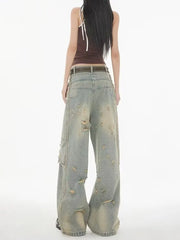Lunivop American High Street Wasteland Style Ripped Jeans Spring and Summer Loose Washing and Old Wide-leg Japanese and Korean Baggy