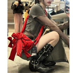 Lunivop Vintage Red Messenger Bag Purse Women High Street Bow Chic Casual Crossbody Bags Ladies Sweet Cool Y2k Handbag New