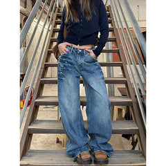 Lunivop Vintage High Waisted Loose Emo Jeans Women's Casual 2000s Pants Baggy Y2K Wide Leg Grunge Japanese Washed Blue Denim Trouser