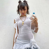 Lunivop Mesh See Through Backless Sleeveless Floral Pattern Long Tassel Women'S Top T Shirt Summer Casual Y2K Streetwear Clothes