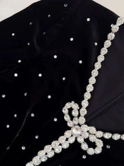 Lunivop French Velvet Diamonds Spliced Black Maxi Dresses For Women V-Neck Lantern Long Sleeve Evening Dress 2025 New Autumn