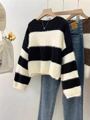 Lunivop Fuzzy Striped Sweater Women Pullovers Cozy Loose Long Sleeve Crop Knit Jumper Knitwear Teen-girl Fall Winter Casual Chic Outfit