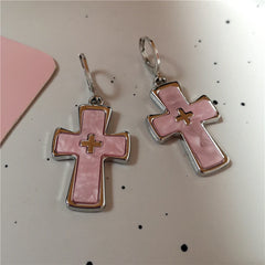 Lunivop Goth Harajuku Vintage Aesthetic Pink Cross Crystal Star Heart Pendant Earring For Girl Y2K Grunge 2000s EMO Jewelry Accessories