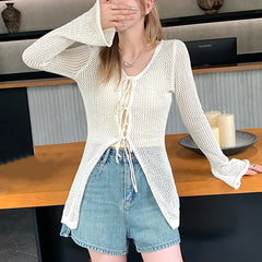 Lunivop Tie Front Open Knit Cardigan Women Long Sleeve Longline Sweater Jacket Sheer Beach Cover-Up Ladies Boho Vacation Outfit
