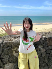 Lunivop T Shirts Women Sweet Cartoon Fruit Printed Short Sleeve O Neck Summer Fashion Loose Y2k Tops Female Casual Tshirt