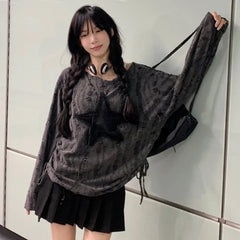 Lunivop Streetwear Drawstring Pleated Loose Long-sleeved T-shirt Women Autumn New O-Neck Star Stitching Distressed Casual Tops