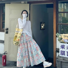 Lunivop Korean Sweet Patchwork Floral A-line Skirt for Women Y2k High Waist Skirts Summer New Loose Mid-length Faldas Mujer