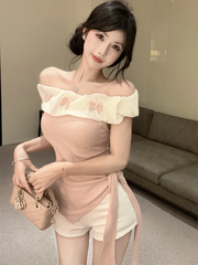 Lunivop Sexy Off Shoulder Slim T Shirt Women Elegant Fashion Slash Neck Sweet Tees Korean Lace Up Design Irregular Butterfly Tops