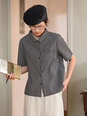 Lunivop Japan Plaid Shirt Women Vintage Causal Short Sleeve Simple Blouse Preppy Style Retro Loose Female Summer Cute All Match Top