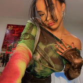 Lunivop Women's Europe and the United States in the fall new mesh printing a word strapless head long-sleeved casual women's tops